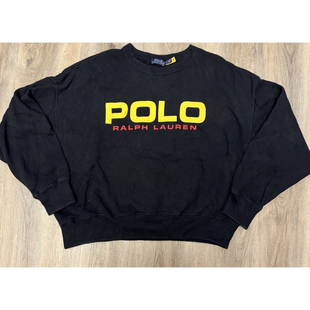 Polo Ralph Lauren Women's Cropped Crewneck Sweatshirt L Black Big Logo